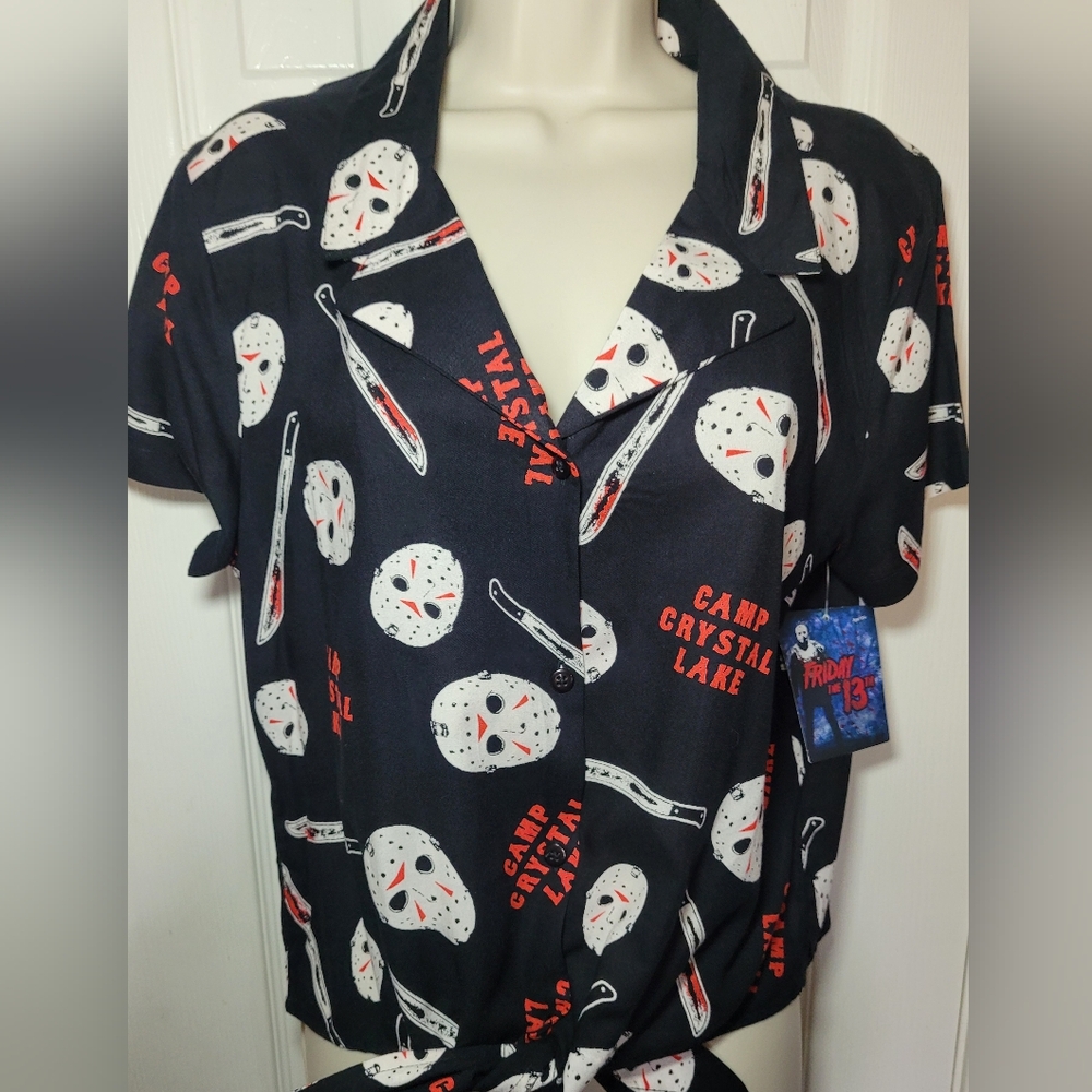 Friday the 13th Camp Crystal Lake Tie-Front Button-up Shirt Machete Horror Large - Picture 10 of 11